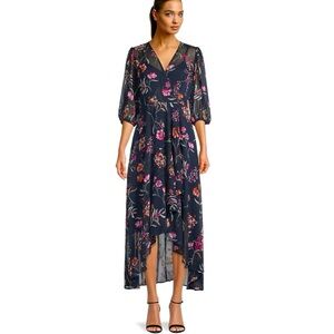 Calvin Klein Navy Blue Floral Chiffon High Low Maxi Dress - Size 8
